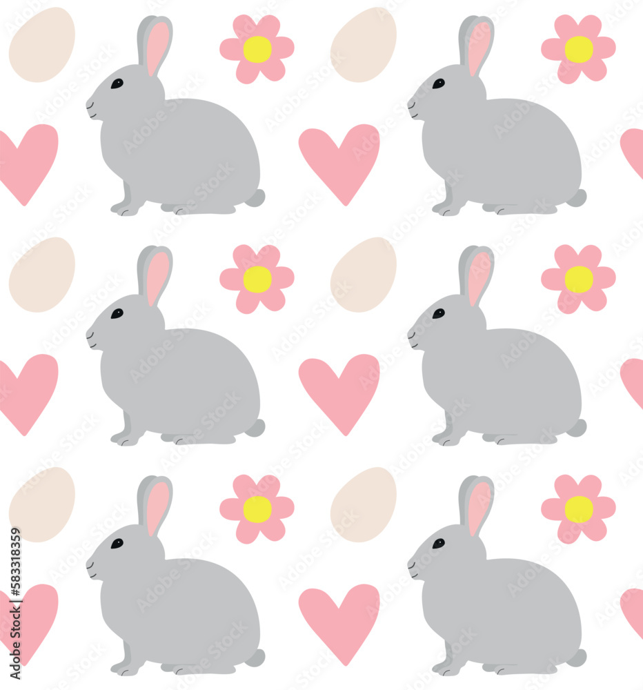 Vector seamless pattern of flat hand drawn Easter rabbit bunny isolated on white background