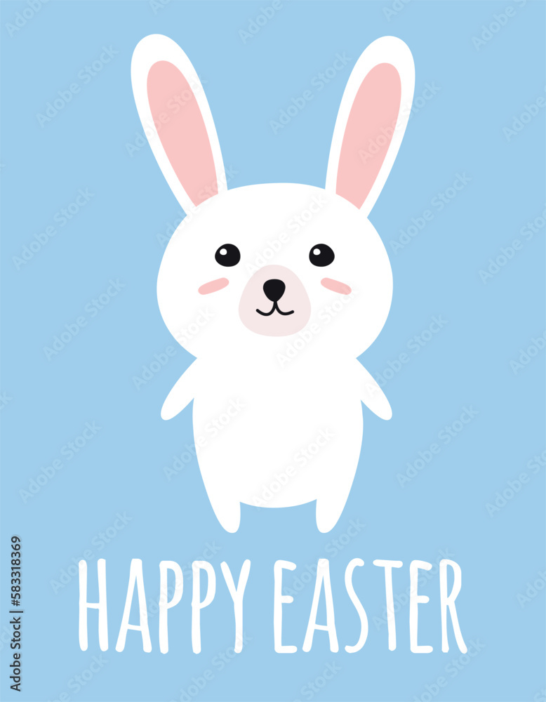 Vector flat hand drawn bunny rabbit with happy Easter lettering isolated on blue background Vector flat hand drawn bunny rabbit with happy Easter lettering isolated on blue background