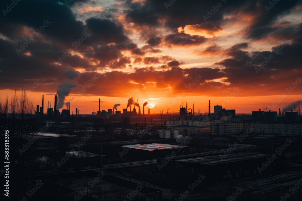 Sunset over a vast industrial complex, with silhouettes of factories, warehouses, and cooling towers against a dramatic sky, generative ai
