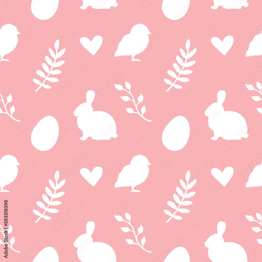Vector seamless pattern of Easter rabbit and chick silhouette isolated on pink background