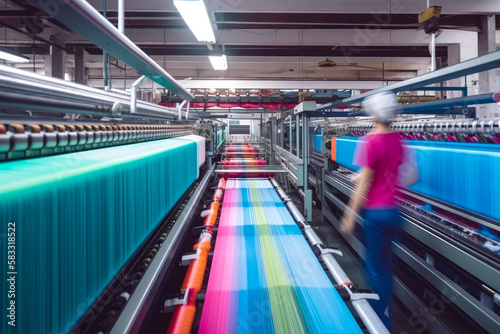 Textile factory with workers operating high-speed weaving machines to produce colorful fabric, generative ai