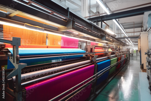 Textile factory with workers operating high-speed weaving machines to produce colorful fabric, generative ai photo