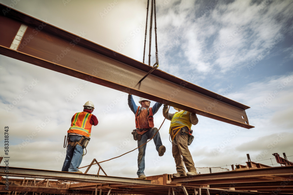 Two construction workers guiding a large steel beam being hoisted by a crane at a commercial building site, generative ai