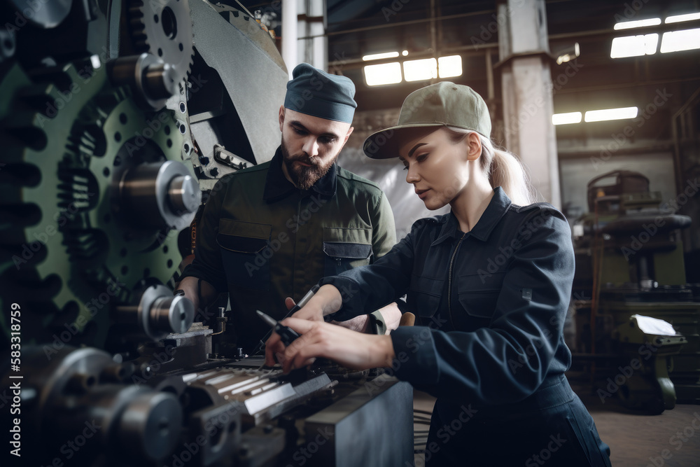 Two maintenance engineers, a man and a woman, closely inspecting a large industrial machine with safety equipment and tools in their hands, generative ai