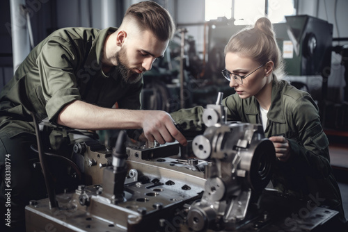 Two skilled maintenance engineers, a man and a woman, carefully disassembling a part of an industrial machine, surrounded by their tools and equipment, generative ai