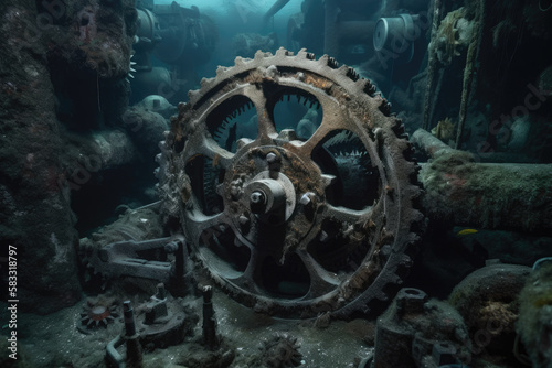 Underwater scene featuring a variety of marine life interacting with submerged gear wheels  symbolizing the connection between industry and nature  generative ai