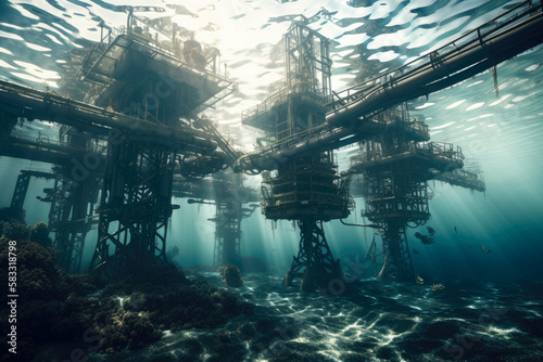 Underwater scene of an oil and gas subsea production system, complete with wells, manifolds, and pipelines, generative ai photo