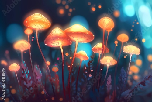 Mushroom spores floating in the air depicted in abstract illustration with bokeh effect. Generative AI