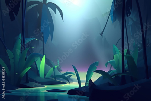 Horizontal tropical jungle landscape. Panoramic view of a dense forest with palms. Exotic colorful landscapes of green tropical forest with foliage plants. Color flat vector illustration copyspace