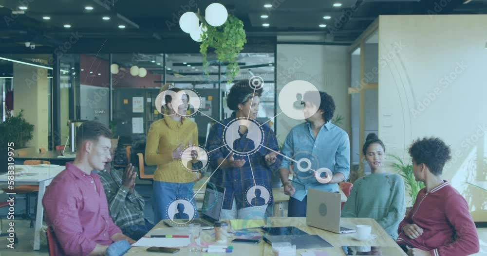 Animation of network with data processing over diverse business people working in office