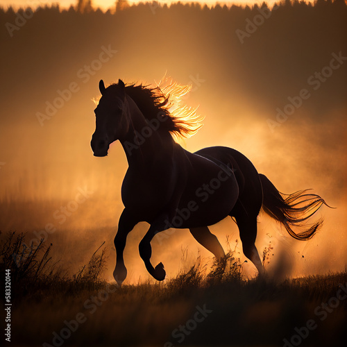 silhouette of a horse in sunset, generative ai
