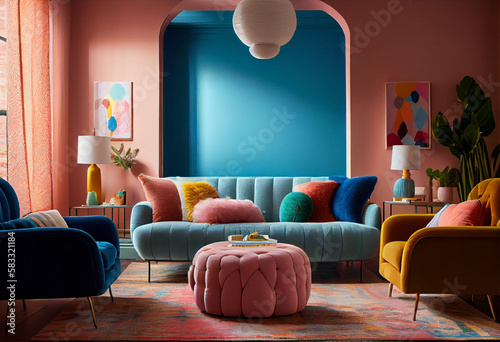 Interior design of a living room with brightly colored walls, long cozy sofas, colorful pillows, armchairs, and textured rug | Bold and colorful living room with bright furniture | Generative Ai 