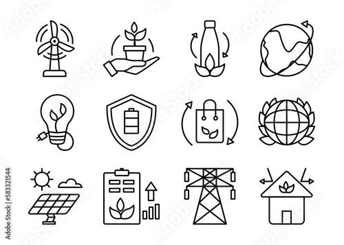 Nature and Renewable Energy icons for business in simple outline set. Ecology and environment icons. Suitable for many purposes.