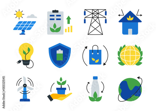 Nature icon, Renewable Energy icons. green blue flat color. Ecology, environment icon set.
