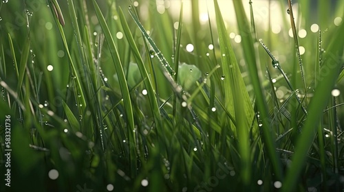 glistening dewdrops adorn fresh spring grass, digital art illustration, Generative AI