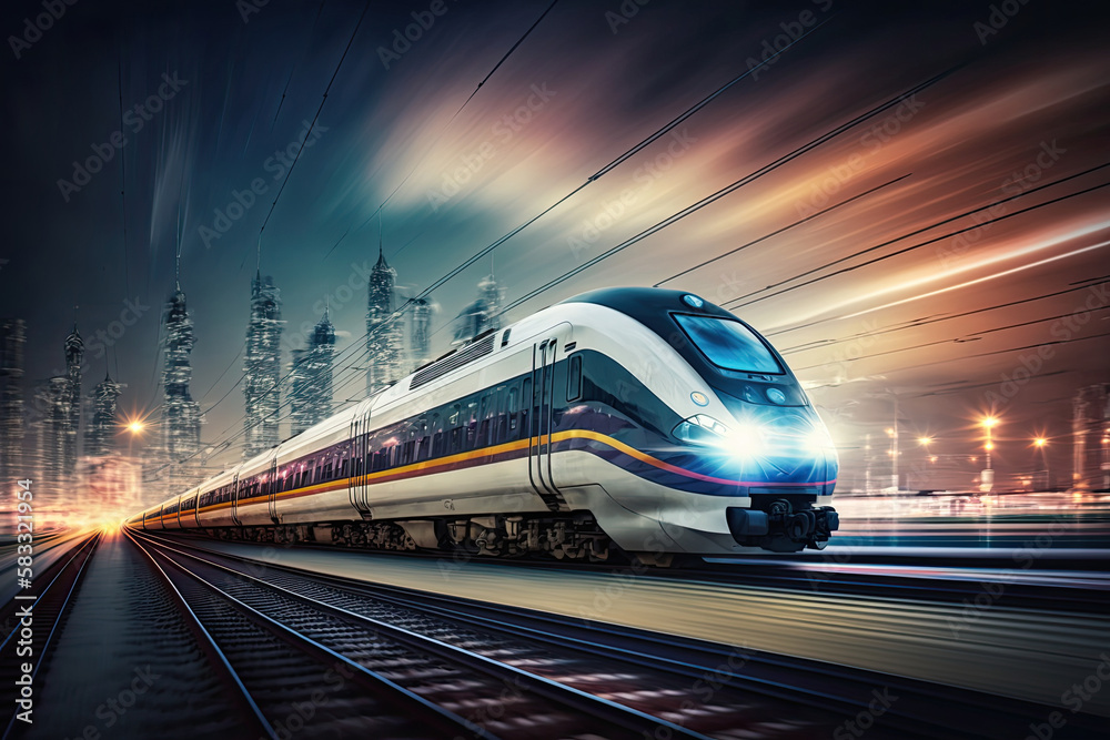 Naklejka premium High speed bullet train speeding past the train station. Blurred nighttime cityscape. Generative AI