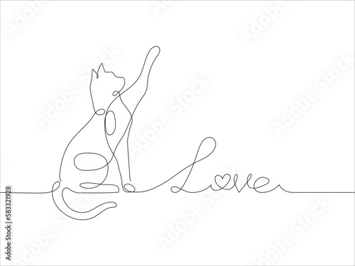 Cat and text Love in one line drawing style. Abstract and minimalist picture of writing love with cat icon. Contunuous line drawing of cat. Pet love icon. Vector illustration