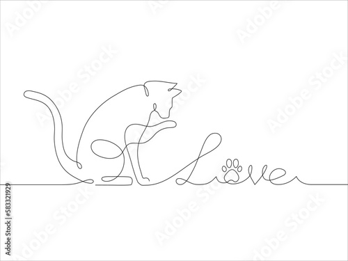 Cat and text Love in one line drawing style. Abstract and minimalist picture of writing love with cat icon. Contunuous line drawing of cat. Pet love icon. Vector illustration