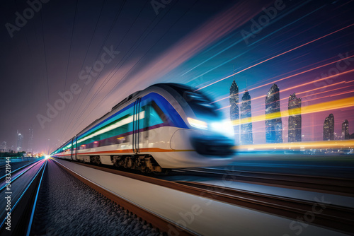 High speed bullet train speeding past the train station. Blurred nighttime cityscape. Generative AI