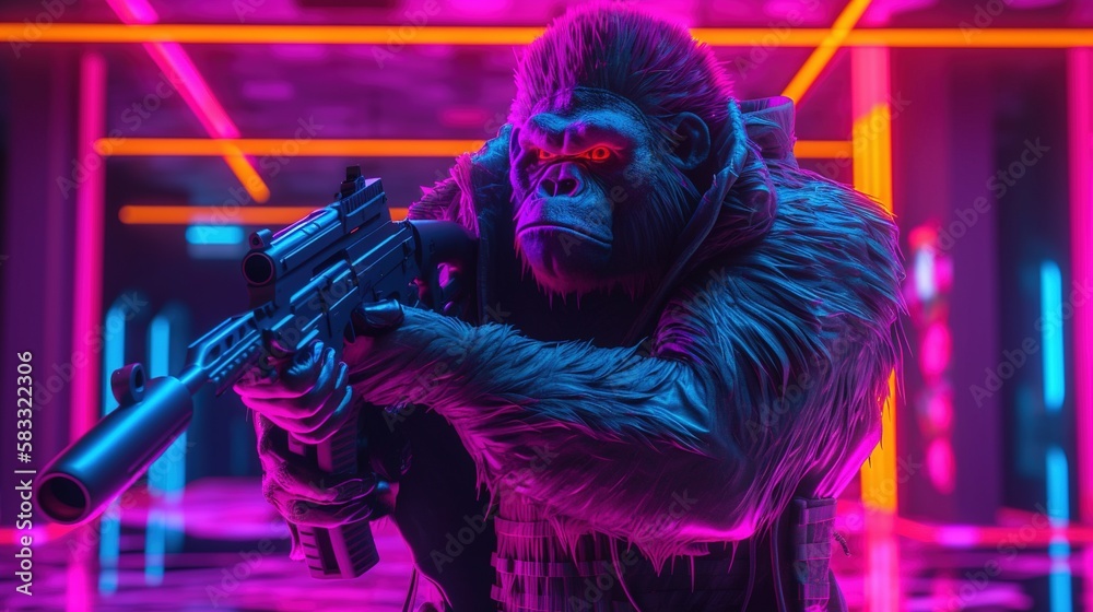 gorilla neonpunk soldier, digital art illustration, Generative AI