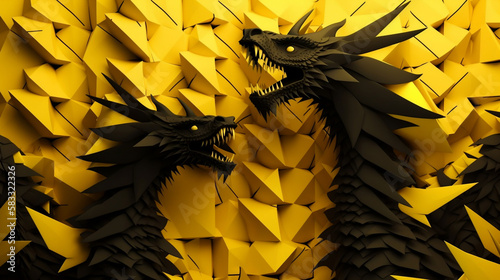 Origami spiky black angry dragons on a spiky origami yellow background