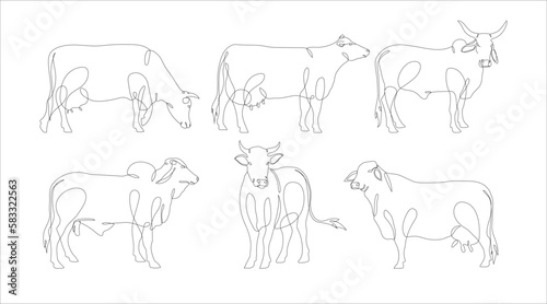 Set of Cow in continuous line art drawing style. Continuous line drawing collection of cattle. Cow in abstract and minimalist linear icon set. Vector illustration