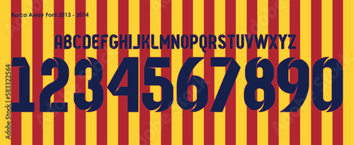 font vector team 2013 kit sport style font. football style font with lines and points inside. messi. Barcelona font. sports style letters and numbers for soccer team