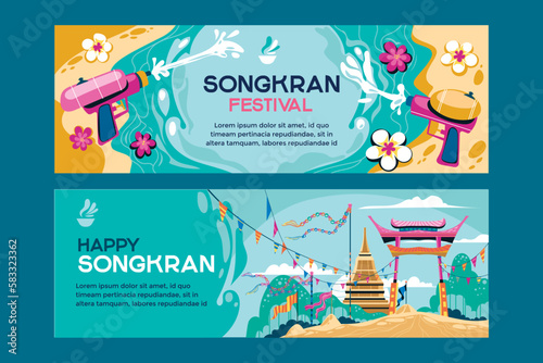 Songkran Festival Banner with water gun and temple background mean Thailand Traditional New Year's Day