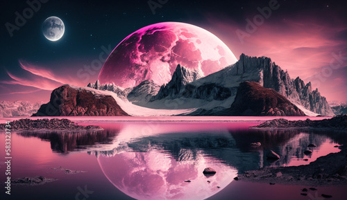 海や山の上にある月のようなピンク色の惑星 © enopi