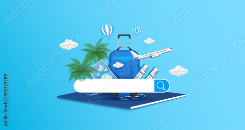 Search bar white and luggage blue on passport with airplane is taking off. Hot air balloons flying over the coconut tree cloud. Making ad media about tourism. Searching to travel. 3D Vector EPS10.