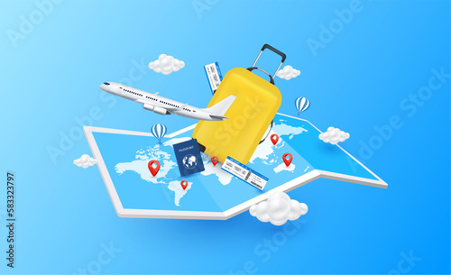 Luggage yellow and positioning pins red on world map paper blue. Passport, Airplane is taking off with hot air balloon. Travel transport concept. 3D Vector EPS10. For advertising media about tourism.