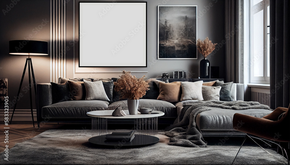 Fototapeta premium Modern and luxurious living room with a big blank poster frame mockup, comfortable sofa, pillows, rugs, sleek coffee table, armchair | Interior design | Generative Ai | Photorealism | Indoor décor