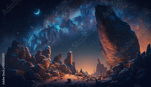  銀河系星雲に彩られた星空と岩石の風景イラストレーション