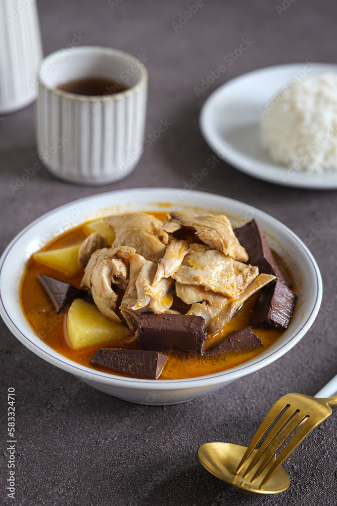 chicken curry or kari ayam made from coconut milk, spices, potato and chicken blood . usually eaten with cooked rice or vermicelli rice chicken curry or kari ayam made from coconut milk, spices, potato and chicken blood . usually eaten with cooked rice or vermicelli rice