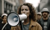 Female activist protesting with megaphone during a strike. Generative AI	