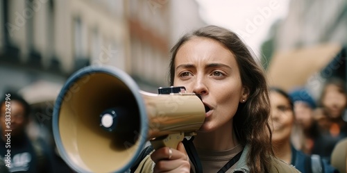 Female activist protesting with megaphone during a strike. Generative AI 