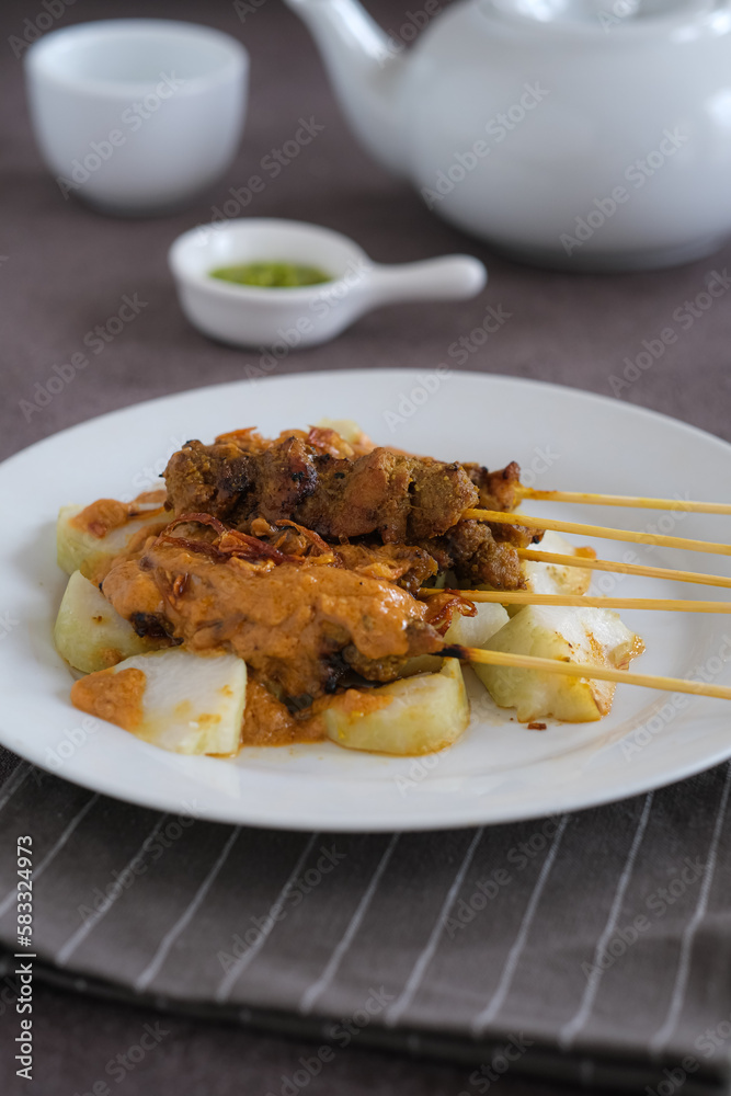 sate ayam, chicken satay with peanut sauce and rice cake
sate ayam, chicken satay with peanut sauce and rice cake