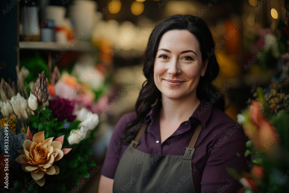 Confident young small business owner in a florist shop wearing apron looking at camera. Generative ai
