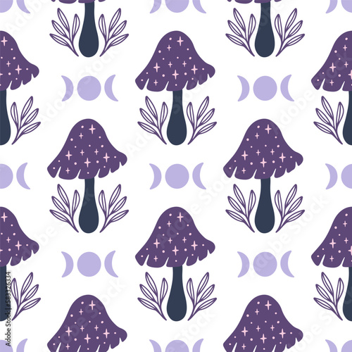 Mystical vector seamless pattern with celestial mushrooms, moon phase. Hand drawn magical fungi vector illustration. Witchy background. Whimsical fantasy print for fabric, wrapping, digital paper.