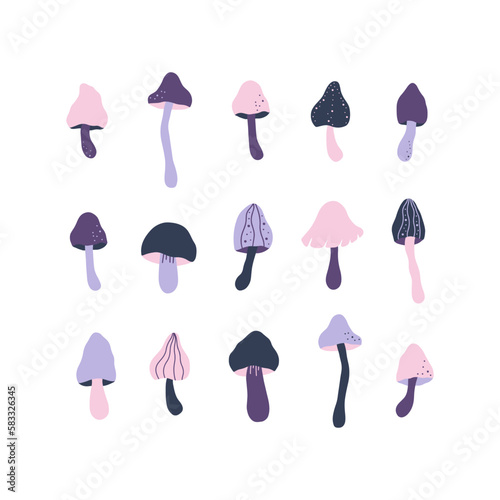 Mushrooms vector set illustration. Hand drawn cartoon fungi collection. Amanita, toadstool, fungus cliparts isolated on white background.