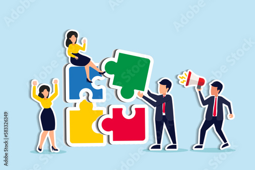 Employee engagement improve involvement or encourage employee success together, increase value and workplace motivation concept, happy business people, employees help complete jigsaw with lleader's