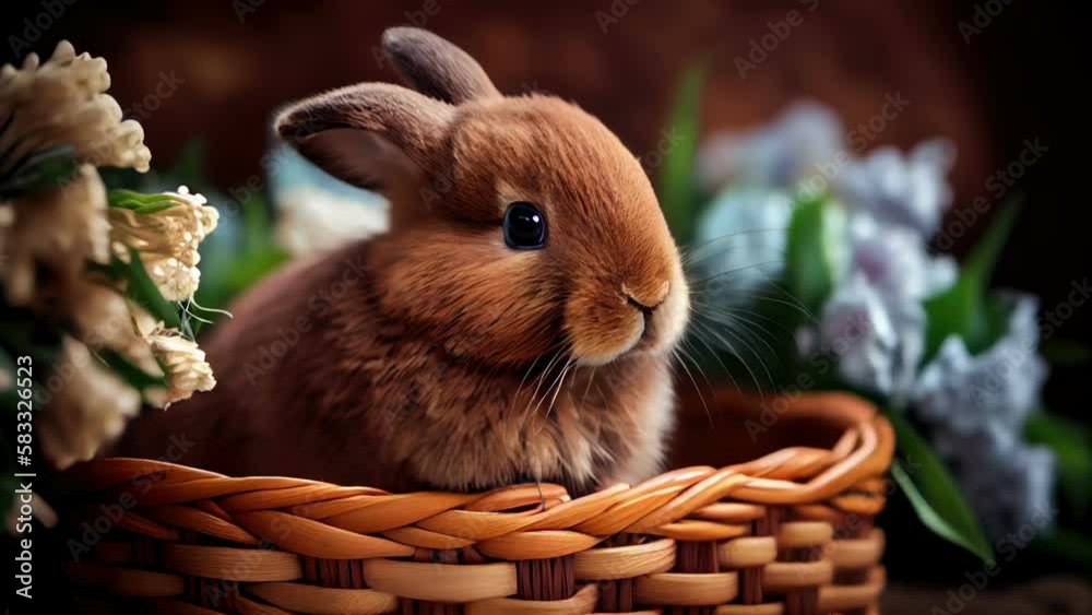 The moving face of the brown rabbit on the basket with the eggs outside on an easter day AI generated