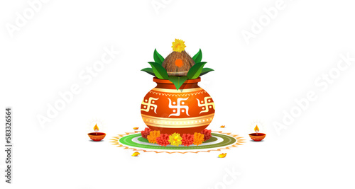 Navratri Kalash sthapana and Puja. 3d realistic vector illustration. Indian Hindu traditional mangal Kalash. Decorated Kalash pot with coconut and flowers.