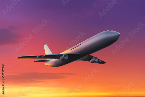 Airplane flying sunset on 3d illustration
