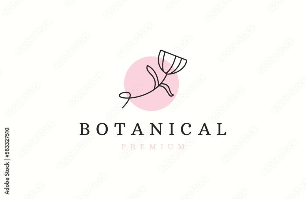 Fototapeta premium Botanical plant twigs and delicate flowers in boho linear style vector illustration