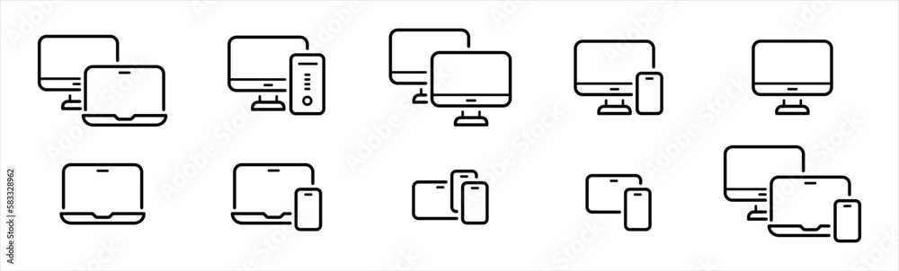 Responsive digital devices icons. digital display screen symbol. desktop, computer, laptop, tablet, smartphone screen signs, vector illustration Responsive digital devices icons. digital display screen symbol. desktop, computer, laptop, tablet, smartphone screen signs, vector illustration
