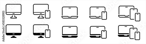 Responsive digital devices icons set. digital display screen symbol. desktop, computer, laptop, tablet, smartphone screen signs, vector illustration
