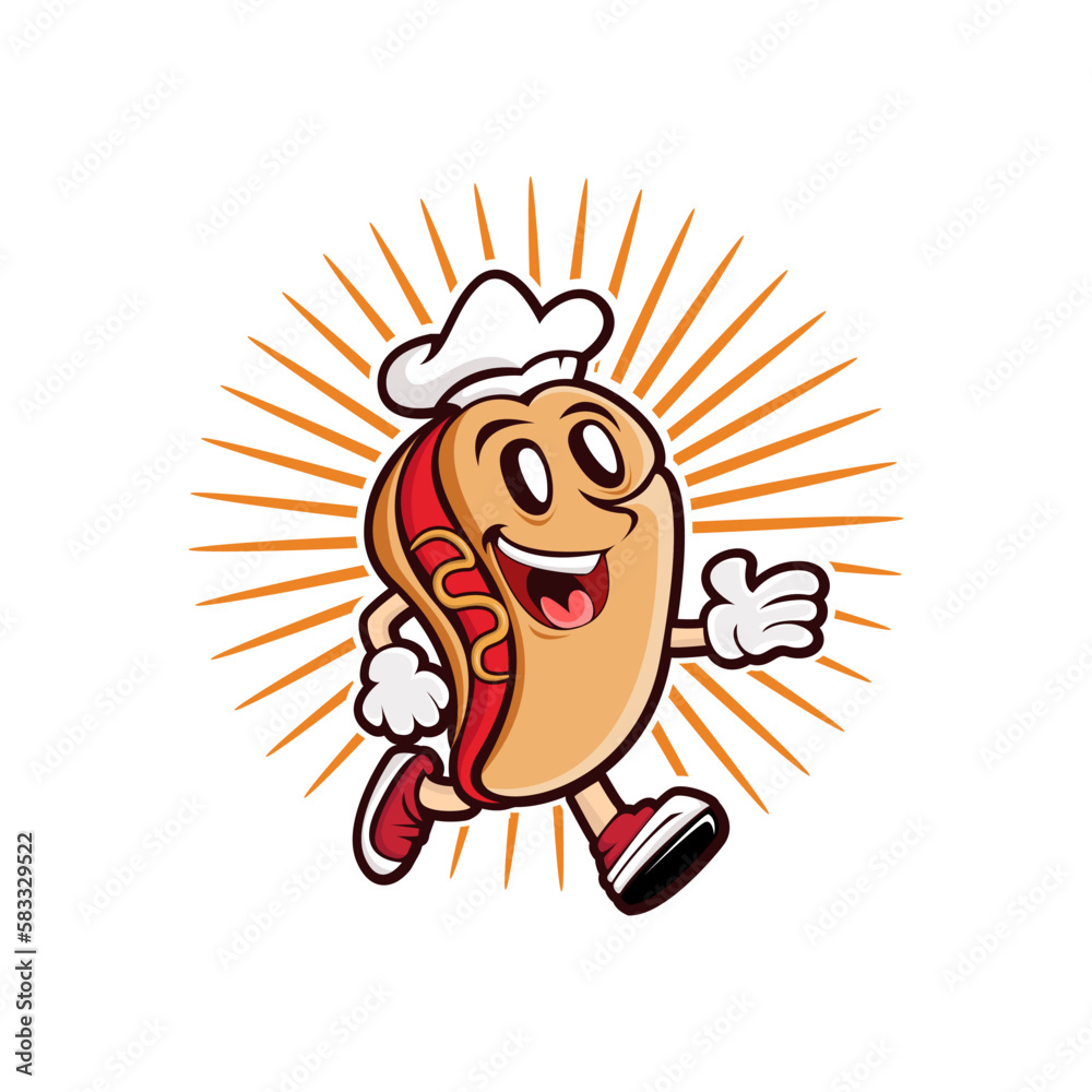 Hot dog mascot illustration with funny cartoon character.