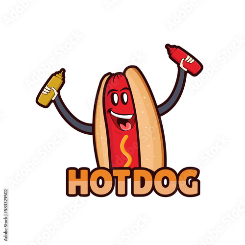 Hot dog mascot illustration with funny cartoon character.
