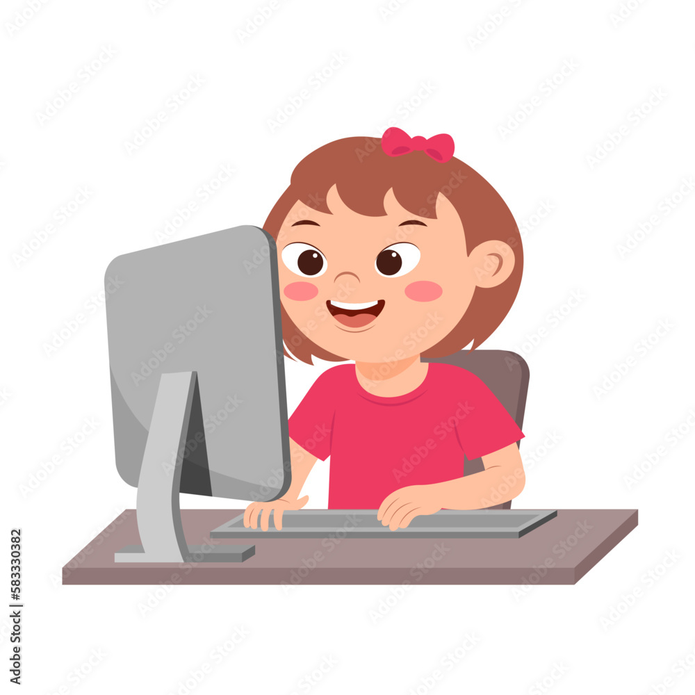 Cute little girl with down syndrome use computer to study. Technology concepts for education. Cartoon vector illustration isolated on a white background. Cute little girl with down syndrome use computer to study. Technology concepts for education. Cartoon vector illustration isolated on a white background.